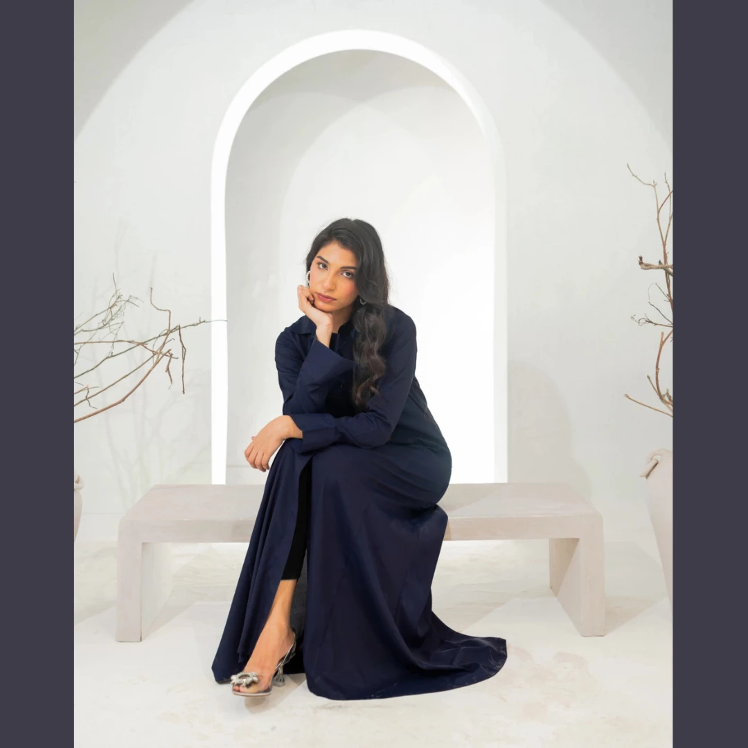 French Navy Button-Down Long Dress