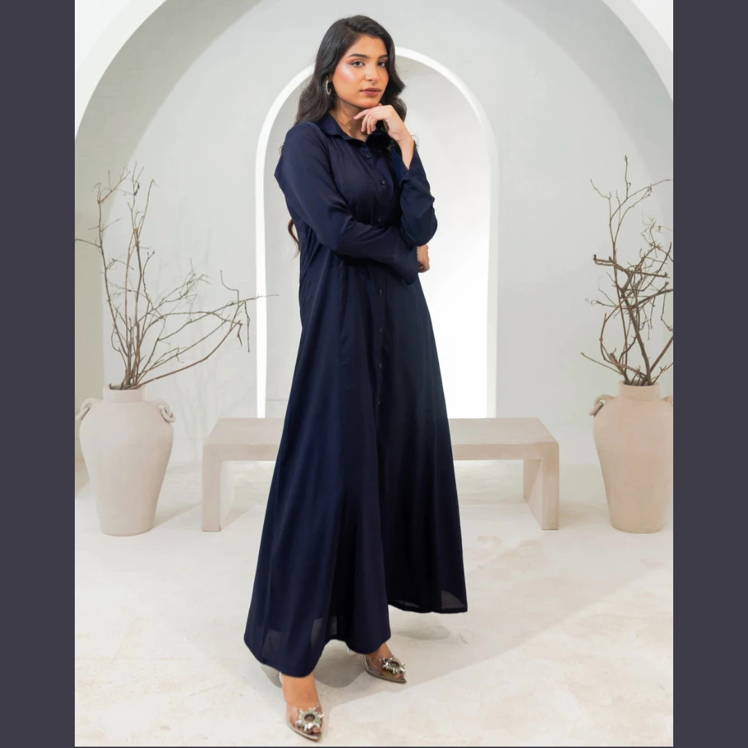 French Navy Button-Down Long Dress