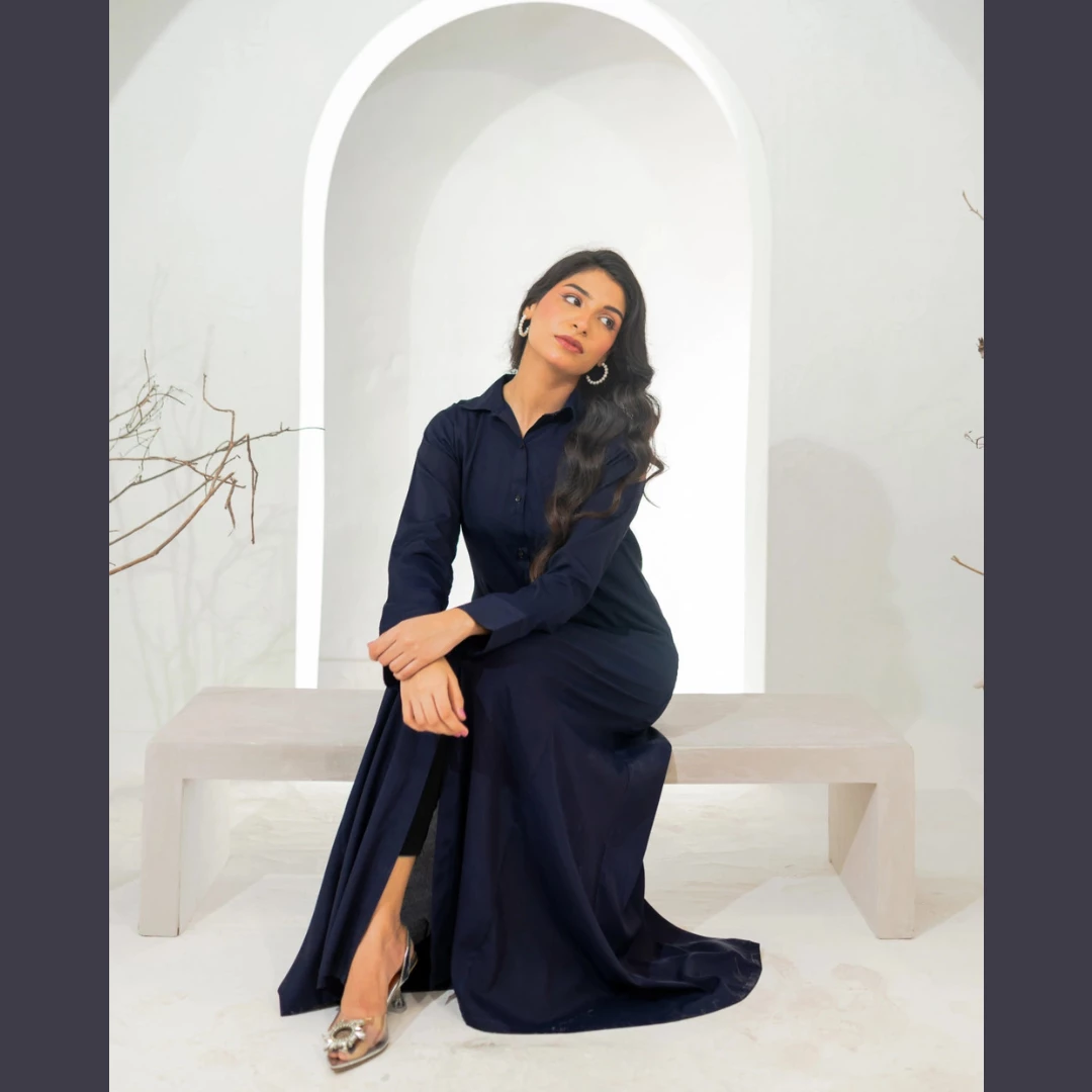 French Navy Button-Down Long Dress